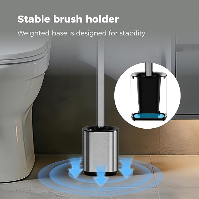 Toilet Brush and Holder Set Toilet Cleaning Brush with Silicone Bristles for Bathroom Stainless Steel Flexible Compact Toilet Bowl Brush (1, Stainless Steel)