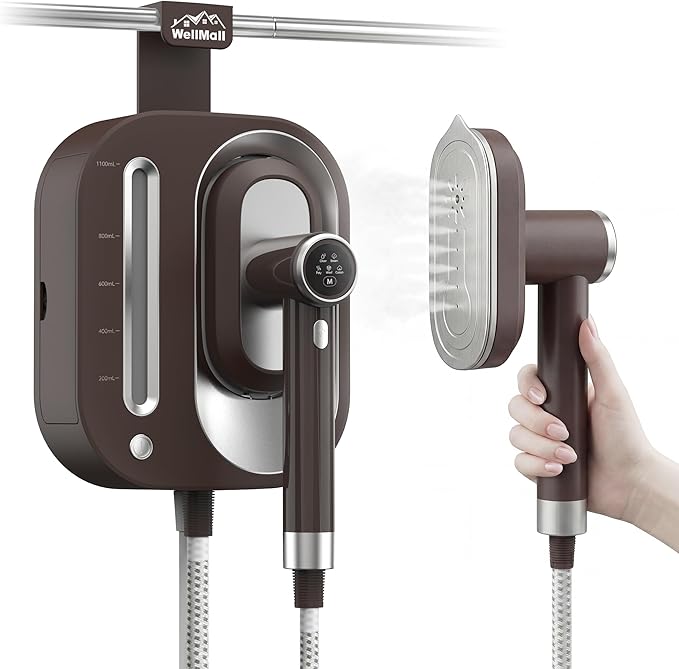 2 In 1 Steamer for Clothes: 1550W Powerful Steamer with 1100ml Detachable Tank, 30s Fast Heat-Up, Horizontal & Vertical Use, Portable Wrinkle Remover for Clothes Drapes Bedding (Brown)