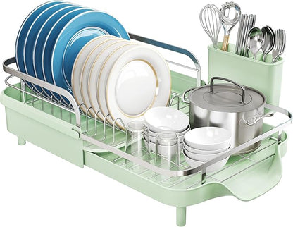 SNTD Dish Drying Rack, Expandable Dish Rack for Kitchen Counter, Stainless Steel Dish Drainer with Drainboard Set and Utensil Holder (Green)