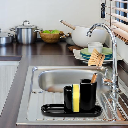 Geelin 3 in 1 Ceramic Kitchen Sink Caddy Dish Sponge Holder Scrub Brush Holder and Soap Tray for Kitchen Organizer Rustic Farmhouse Supplies(Black)