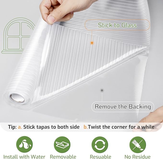 LUTE Reeded Glass Window Privacy Film, Frosted Glass Film, Removable 3D Decorative Decals Sun Blocking Anti UV Door Window Cover, No Glue Static Cling Vinyl for Bathroom Home Office, 35.4" x 118.1"