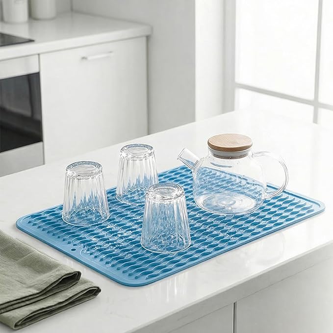 MicoYang Silicone Dish Drying Mat for Multiple Usage,Easy clean,Eco-friendly,Heat-resistant Silicone Mat for Kitchen Counter or Sink,Refrigerator or drawer liner Light Blue L 16 inches x 12 inches