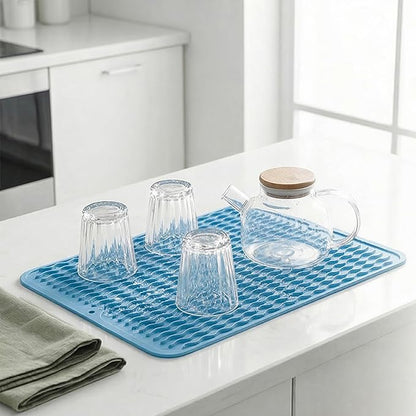 MicoYang Silicone Dish Drying Mat for Multiple Usage,Easy clean,Eco-friendly,Heat-resistant Silicone Mat for Kitchen Counter or Sink,Refrigerator or drawer liner Light Blue L 16 inches x 12 inches