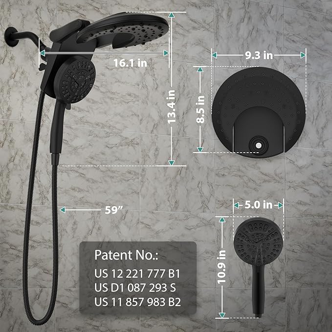 Rain Shower Head with Handheld: Foldable High Pressure Shower Heads with Handheld Spray Combo, 9 Spray Settings/Modes Hand Held Showerhead Dual Rainfall Shower Head Built-in Magnetic Docking and Jets