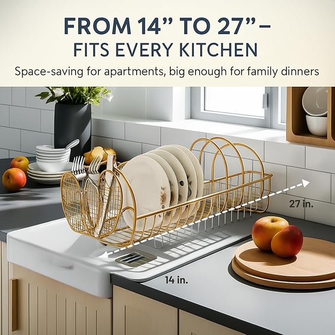 Jumbl Expandable Dish Drying Rack – Apple Decor Metal Dish Drainer with Utensil Holder, Adjustable 14"–27", Rust-Proof Countertop Dish Strainer for Kitchen Sink, RV, or Outdoor Use