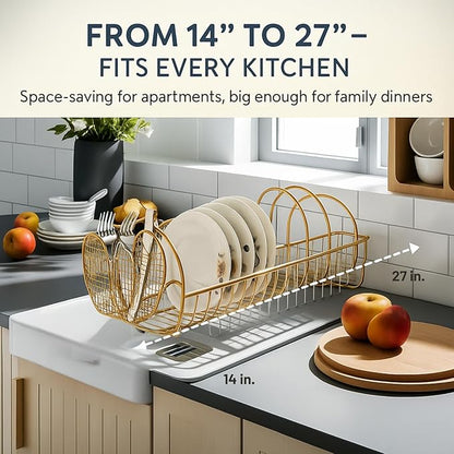 Jumbl Expandable Dish Drying Rack – Apple Decor Metal Dish Drainer with Utensil Holder, Adjustable 14"–27", Rust-Proof Countertop Dish Strainer for Kitchen Sink, RV, or Outdoor Use