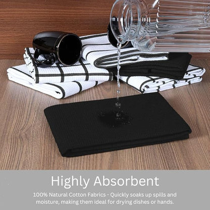 Assorted Waffle Kitchen Towels 100% Cotton Set of 6 - Heavy Duty 320 GSM Quality Dish Cloths - Soft Absorbent Washable for Kitchen Use - Quick Drying Dish Towel 16x26 inch Black