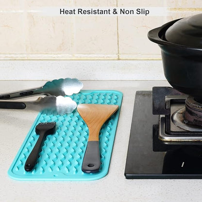 ZLR Silicone Sponge Holder & Sink Caddy Tray (6" x 17") - Narrow Dish Drying Mat for Kitchen Counter - Waterproof Soap Dispenser Organizer, Non-Slip Bathroom Vanity Tray (Mint Green)