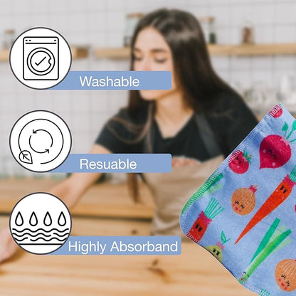 Pack of 10 Reusable Paper Towels | 10x10 Inch Cotton Towels | Kitchen Utensils Print | Eco Friendly, Washable, Quick Drying | Sustainable Cleaning Cloths | Vegetables