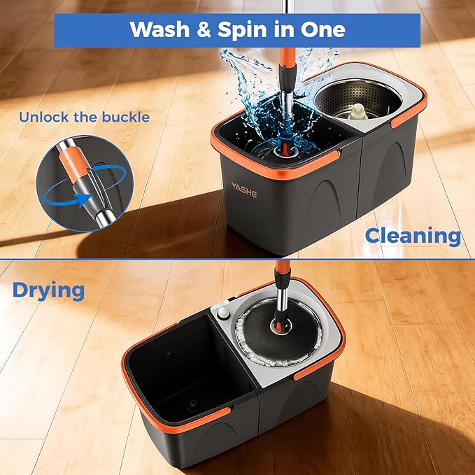 Foldable Spin Mop and Bucket System, Dual-Bucket Cleaning & Stainless Steel Wringing, Collapsible Storage with Detergent Bottle, 2 Reusable Microfiber Mop Heads for Floor Cleaning