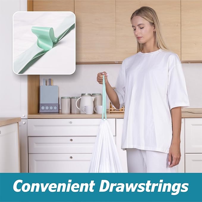 4 Gallon Drawstring Trash Bags - 0.5 Mil Strong - Small Garbage Bags - for Office Bathroom Kitchen - Individual, Unscented, White, 19" x 19", 60 Count