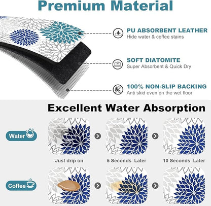 Findosom 2PCS 12" x 20" Dish Drying Mat & 24" x 5.5" Sink Splash Guard, Super Absorbent & Cuttable Dish Mat Drying Kitchen Mat with Blue Floral, Hide Stain Drying Mat for Kitchen Counter