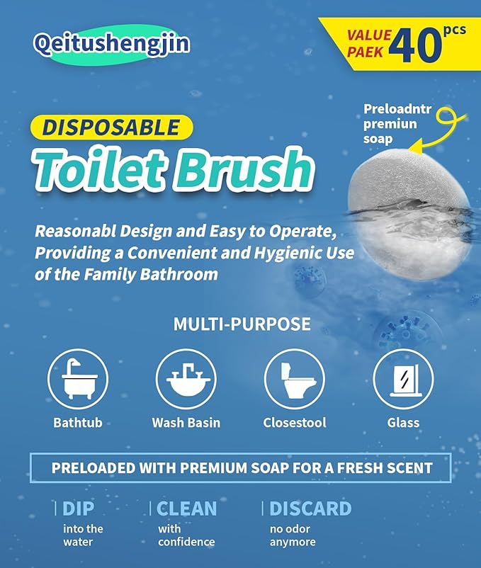 PeiTuShangJin Disposable Toilet Brush, Auto-Ejecting, Includes 24 Enhanced Refills (16 Ocean, 8 Natural), Plus 3 Air-Purifying Scent Rings (Ocean, Rose, Lemon) 360° Dead-Angle-Free Cleaning (40white)