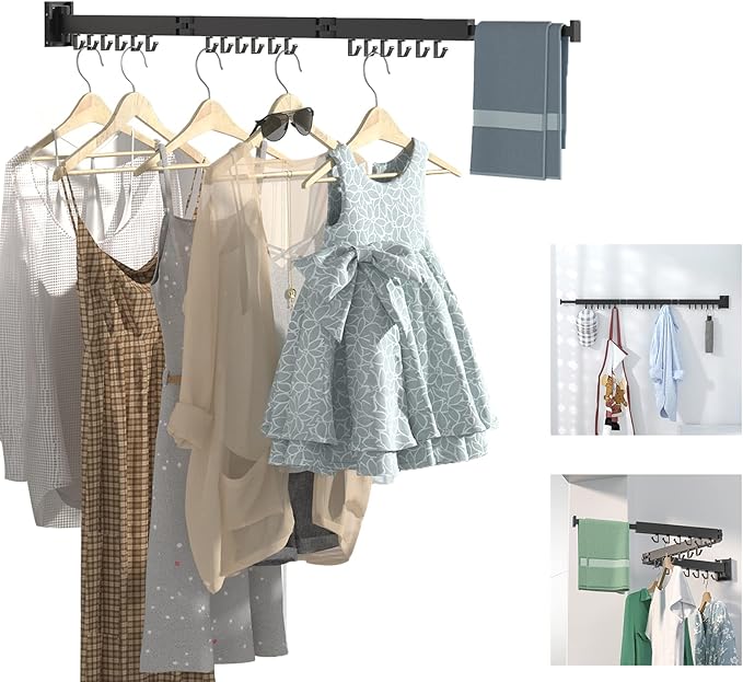 ptlsy Wall Mounted Portable Folding Clothes Drying Rack with Hooks,Space Saver Clothes Hangers Design Universal for Balcony, Mudroom, Bedroom, Kitchen, Foldable Laundry Rack (3-Pole Black)