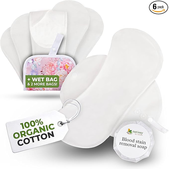Organic Cotton, High Absorbency Reusable Period Pads for Heavy Flow (6 Pack L+XL) - Leak Proof & Odor Free Cloth Pads for Women - High-Temp Washable, Breathable & Skin-Safe for Menstrual Comfort