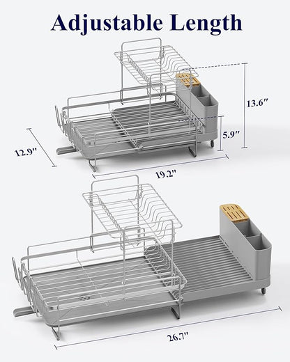 Kitsure Large Dish Drying Rack - Extendable Dish Rack, Multifunctional Dish Rack for Kitchen Counter, Anti-Rust Dish Drainers with Cutlery & Cup Holders 19.2"-26.7" L x 12.9" W x 13.6", Grey