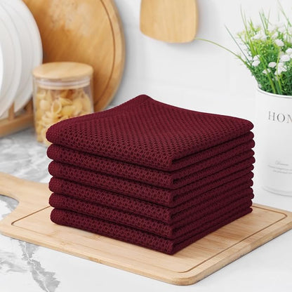 Kitinjoy 100% Cotton Kitchen Dish Cloths (12 X 12 Inches, Burgundy), 6 Pack Waffle Weave Ultra Soft Absorbent Dish Towels for Drying Dishes Quick Drying Kitchen Towels Dish Rags