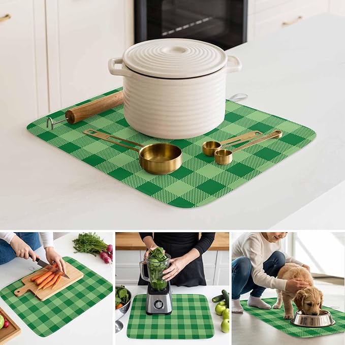 Dish Drying Mat Green White Check Plaid Drying Mats for Kitchen Counter Farmhouse Style Absorbent Microfiber Dish Drainer Quick Drying Coffee Mat with Hanging Loop, 16 x18 inch