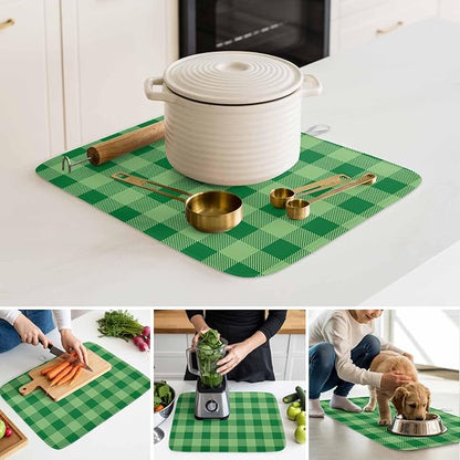 Dish Drying Mat Green White Check Plaid Drying Mats for Kitchen Counter Farmhouse Style Absorbent Microfiber Dish Drainer Quick Drying Coffee Mat with Hanging Loop, 16 x18 inch