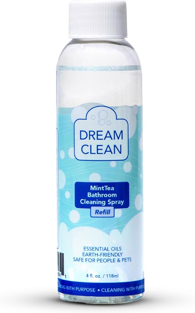 DREAM CLEAN MintTea Bathroom Cleaning Spray Refill - Biodegradable and Cruelty-Free Formula for Showers, Tubs, Sinks & More, Spearmint & Tea Tree Essential Oils, 4oz