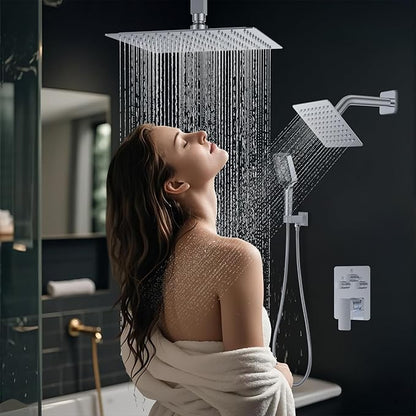 Shower Faucet Set,Chrome Polished Push Button Shower System with Rain Shower and Handheld,Chrome Shower Faucet with Valve Ceiling Mount 12 Inch Shower Head and 6 Inch Shower Head with Handheld