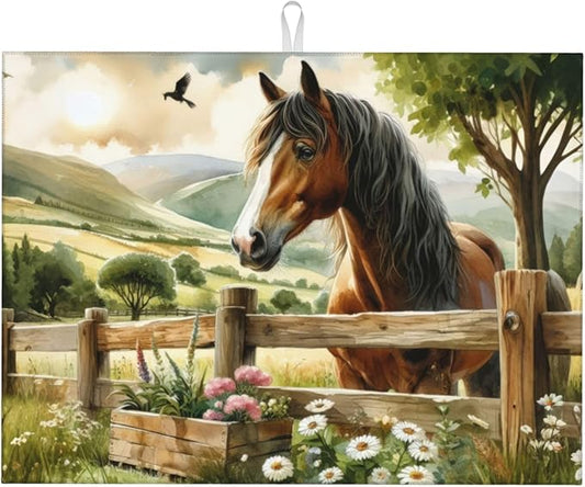 Horse Dish Drying Mats for Kitchen Counter, Absorbent Reversible Microfiber Dish Drying Pad, Multi-Use Large Drying Mat Coffee Bar Accessories 18"x24"