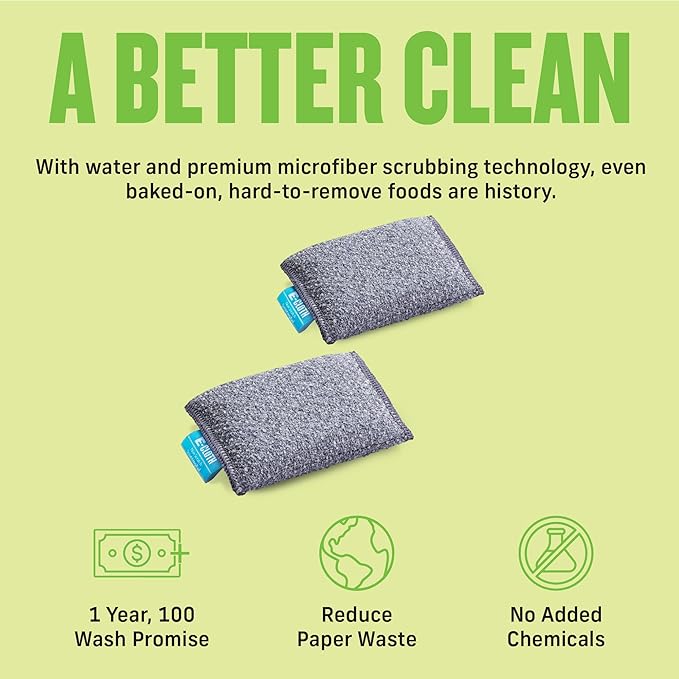 E-Cloth 2-Pack Non-Scratch Scrubbing Pads, Microfiber Scrubber and Dish Sponge, Ideal for a Streak-Free Clean Grill, Cast Iron and Dishes, Washable and Reusable, 100 Wash Promise