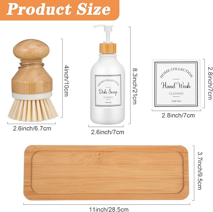 Zopeal 4 Pcs 16 oz Kitchen Soap Dispenser Set with Bamboo Tray and Dish Brush Plastic Soap Dispenser Set with Waterproof Labels for Hand Dish Lotion(Frosted White)
