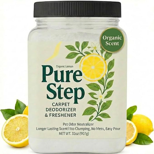 Carpet Deodorizer Powder with Organic Lemon Scent - Pet Safe 32oz Carpet Freshener, & Pet Odor Eliminator For Rugs, Upholstery, Mattresses - Non-Clumping Formula with Easy Pour Shaker Lid - USA Made