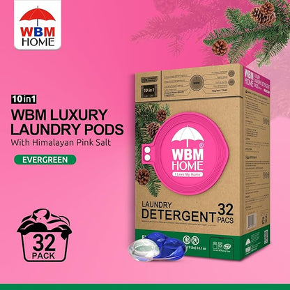 WBM Laundry Detergent Pods - Ultra-Concentrated, Hypoallergenic, Stain-Fighting, Evergreen Scent, 32-Pack, Recyclable Packaging for Eco-Friendly Cleaning