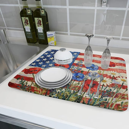 4th of July Patriotic Dish Drying Mat for Kitchen Counter 18x24 Red Blue White Floral American Flag Holiday Absorbent Reversible Microfiber Drying Mats Kitchen Countertop Protector Dishes Drainer Pad