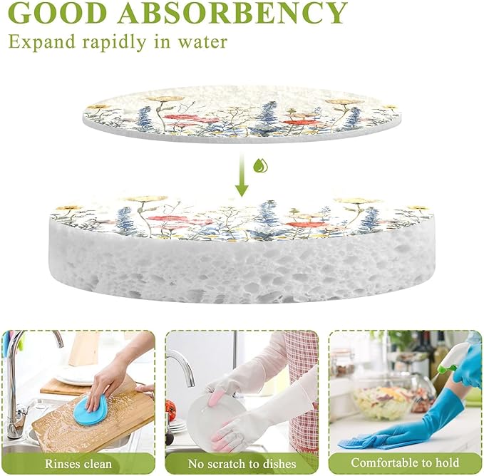 Herbal Wildflower Kitchen Scrub Sponges, Pop-up Kitchen Cleaning Sponges Reusable Dish Washing Sponges for Bathroom Household Cleaning 3 Pack - Non Scratch Scrubber