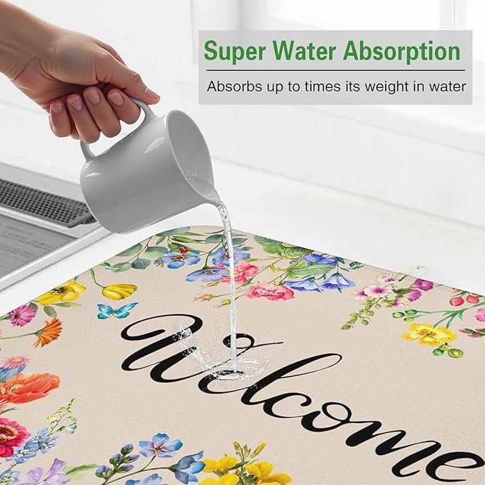 Dish Drying Mat Drainer Pads - Extra Large Microfiber Drying Mats for Dishes Spring Summer Flower Kitchen Counter Super Absorbent Pads for Draining Racks (16"x18" )
