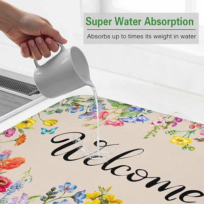 Dish Drying Mat Drainer Pads - Extra Large Microfiber Drying Mats for Dishes Spring Summer Flower Kitchen Counter Super Absorbent Pads for Draining Racks (16"x18" )