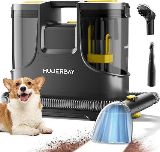 Carpet Cleaner Shampooer, MUJERBAY 15Kpa Portable Spot and Stain Cleaner, Easy Move with Handle, 1.5-inch Deep Cleaning Machine for Couch, Stairs, Car and Pet Messes.