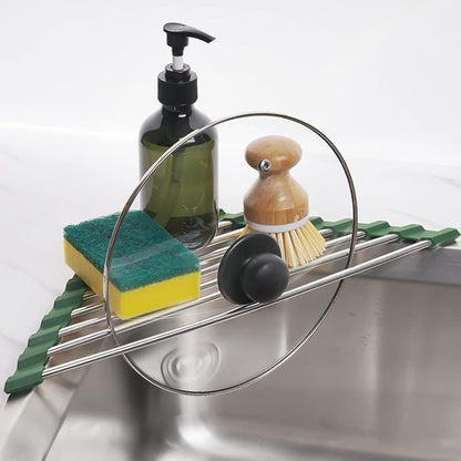 Tomorotec Triangle Roll-Up Dish Drying Rack for Sink Corner Small Foldable Stainless Steel Over The Sink Multipurpose Kitchen Drainer Caddy Organizer Storage Shelf Holder (Olive Green)