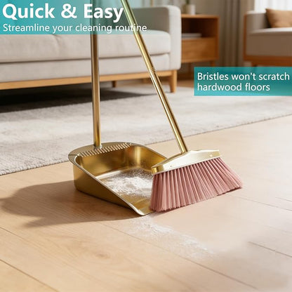 Broom and Dustpan Set Heavy Duty, Gold Stainless Steel Broom with Dustpan Combo Set, Long Handle Upright Metal Dust Pan with Comb Teeth for Pet Hair, Home, Kitchen and Office (Golden Teeth)