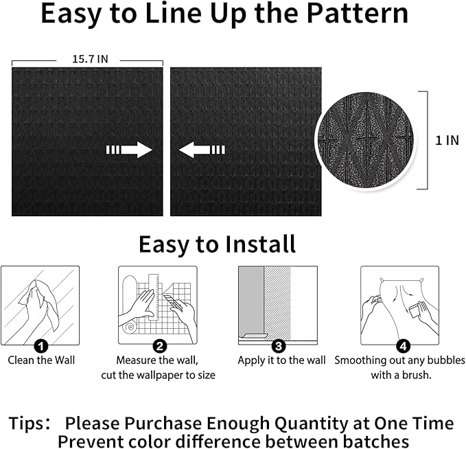 3D Peel and Stick Wallpaper, 15.7" X 394" Black Diamond Pattern Textured Removable Contact Paper for Walls Waterproof DIY Accent Wall Decor Self Adhesive