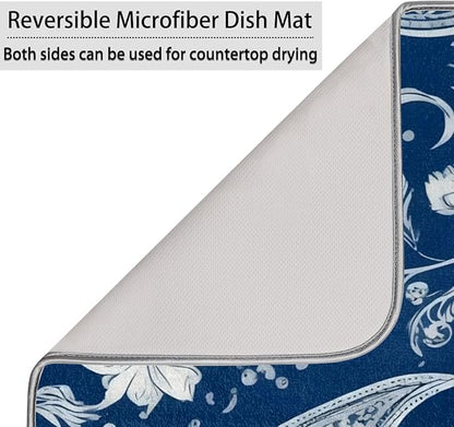 Dish Drying Mats with Hanging Loop for Kitchen Counter - Super Absorbent & Microfiber Sink Dry Mat with Paisley Floral Paisley Floral, Non-Slip Backing, Dishes, Sink, Countertop Protection 18"x24"