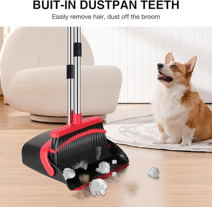 NACENA Broom and Dustpan Set, 52-in Long Adjustable Handle Broom Dustpan Combo with Dustpan Teeth to Automatically Clean Hair Suitable for Home Kitchen Office Hall Floor（Black&Red）