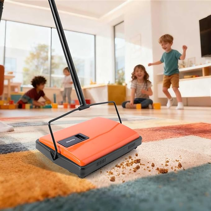 Manual Carpet Sweeper for Pet Hair - Rotating Brush Floor Sweeper, Lightweight Push Broom for Classroom Rugs, Non-Electric Lint & Crumb Cleaner, Easy-Dump Dustbin, No Batteries Needed