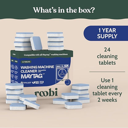 Roobi Washing Machine Cleaner Tablets. Compatible with Maytag and All Washing Machine Brands and Models. Septic Safe Deep Clean Formula. Carbon-Neutral 24-Pack Cleaning Tablets.