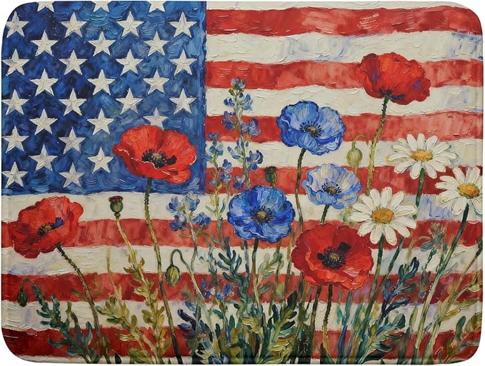4th of July Patriotic Dish Drying Mat for Kitchen Counter 18x24 Red Blue White Floral American Flag Holiday Absorbent Reversible Microfiber Drying Mats Kitchen Countertop Protector Dishes Drainer Pad