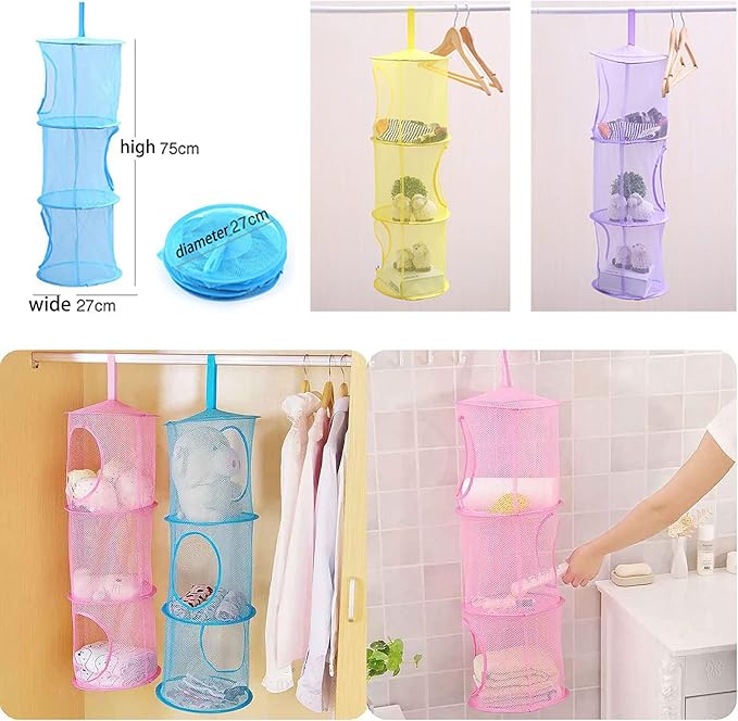 Mesh Hanging Storage Basket With 3 Compartments Foldable Hanging Storage Organizer Net Bag for Toys Storage, Space Saver Sundries Clothes Bra Underwear Socks Drying Basket Laundry Hamper (Blue)