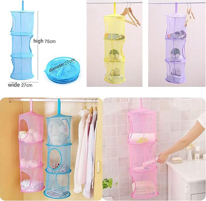Mesh Hanging Storage Basket With 3 Compartments Foldable Hanging Storage Organizer Net Bag for Toys Storage, Space Saver Sundries Clothes Bra Underwear Socks Drying Basket Laundry Hamper (Purple)