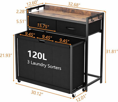Laundry Hamper Laundry Basket with 3 Section Pull-Out Rolling Bags, Laundry Sorter for Organization and Storage with 2 Pull-Out Drawers for Laundry Room, Bathroom, Bedroom Use (Rustic Brown)