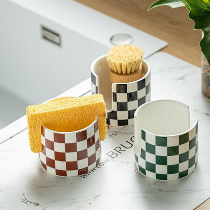 Zoeeker Ceramic Kitchen Sponge Holder, Dish Sponge Holder Suitable for Scrubby Farmhouse Drying Rack Brush Holder for Christmas Bathroom, Kitchen, Sink, Green and White