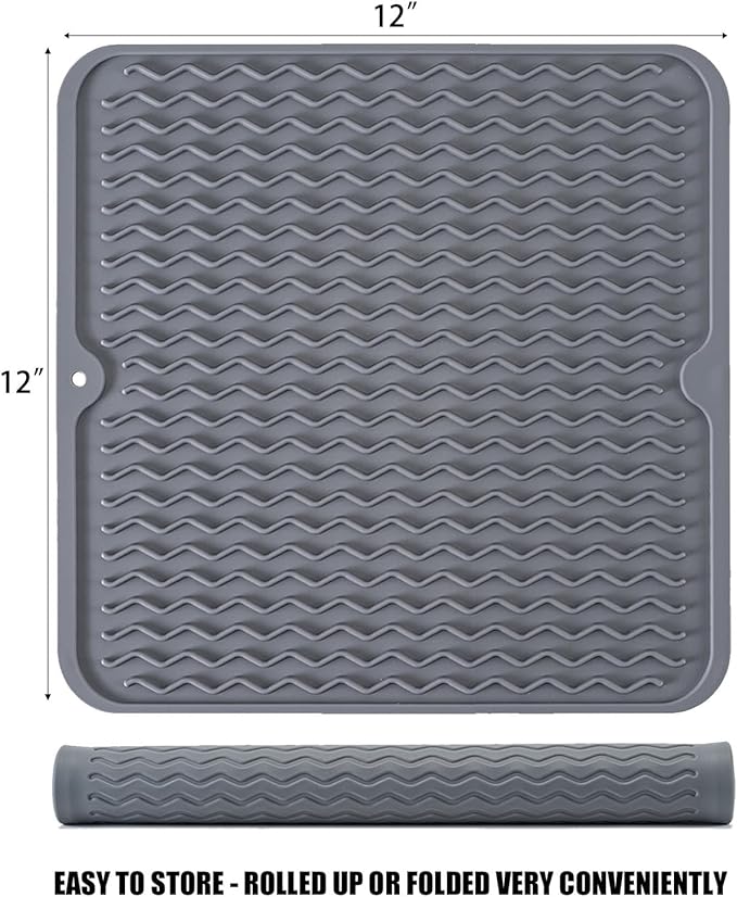 Silicone Dish Drying Mat, Non-Slip Easy Clean Sink Mat Large Heat-resistant Dish Drainer Mat for Kitchen Counter, Sink, Refrigerator or Drawer liner (12" x 12", GREY)