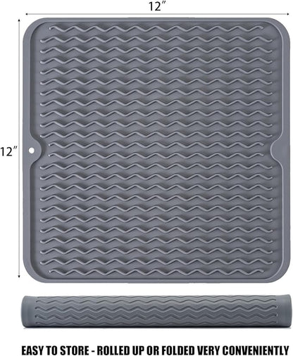 Silicone Dish Drying Mat, Non-Slip Easy Clean Sink Mat Large Heat-resistant Dish Drainer Mat for Kitchen Counter, Sink, Refrigerator or Drawer liner (12" x 12", GREY)
