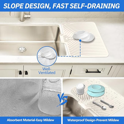 Dish Drying Mat for Kitchen Counter, with Built-in Drain Lip, Food-Grade Silicone, Easy Clean Pad for Countertop Protection, Multi-Functional Use (18x11.8, Cassava White)